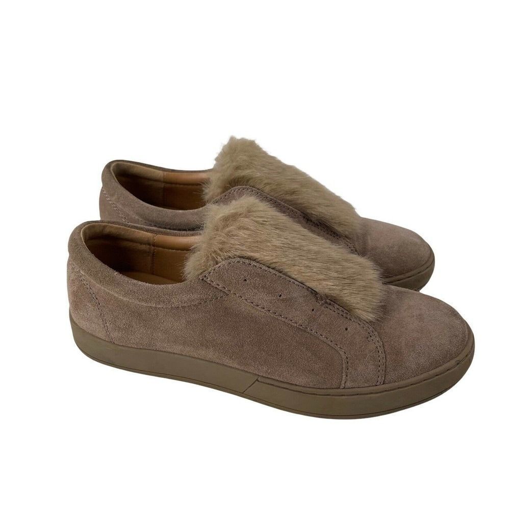Franco Sarto Suede Faux Fur Sneakers Slip On Size 8.5 Leather Brown Casual Boho